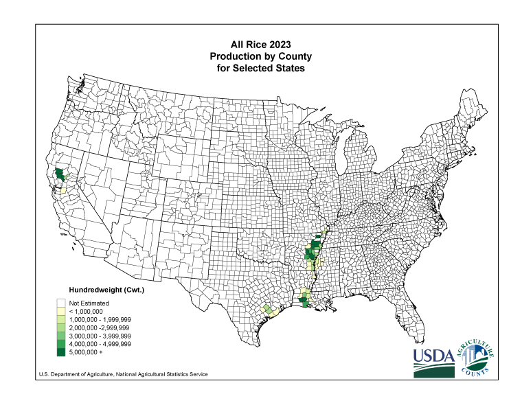 Rice: Production per Harvested Acre by County