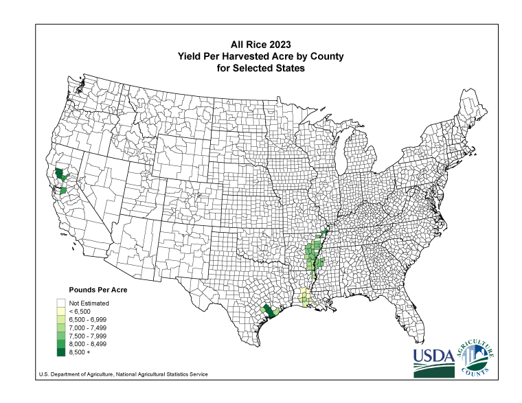 Rice: Yield per Harvested Acre by County