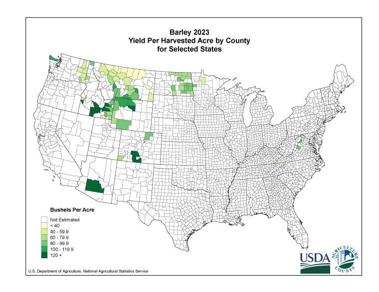 Barley: Yield per Harvested Acre by County