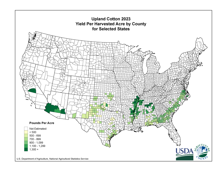 Upland Cotton: Yield per Harvested Acre by County