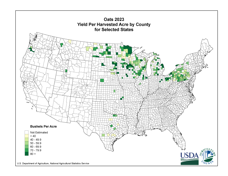 Oats: Yield per Harvested Acre by County