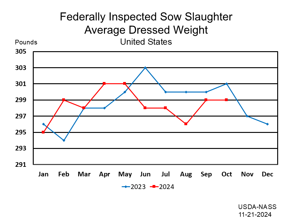 Sows: Federally Inspected Average Dressed Weight by Month and Year, US