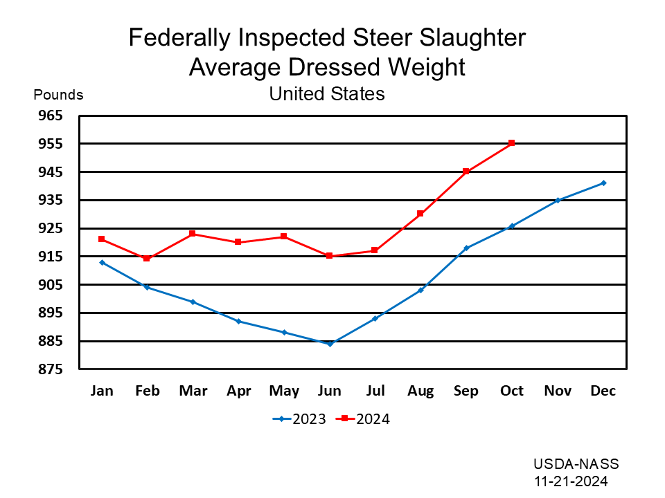 Steers: Federally Inspected Average Dressed Weight by Month and Year, US