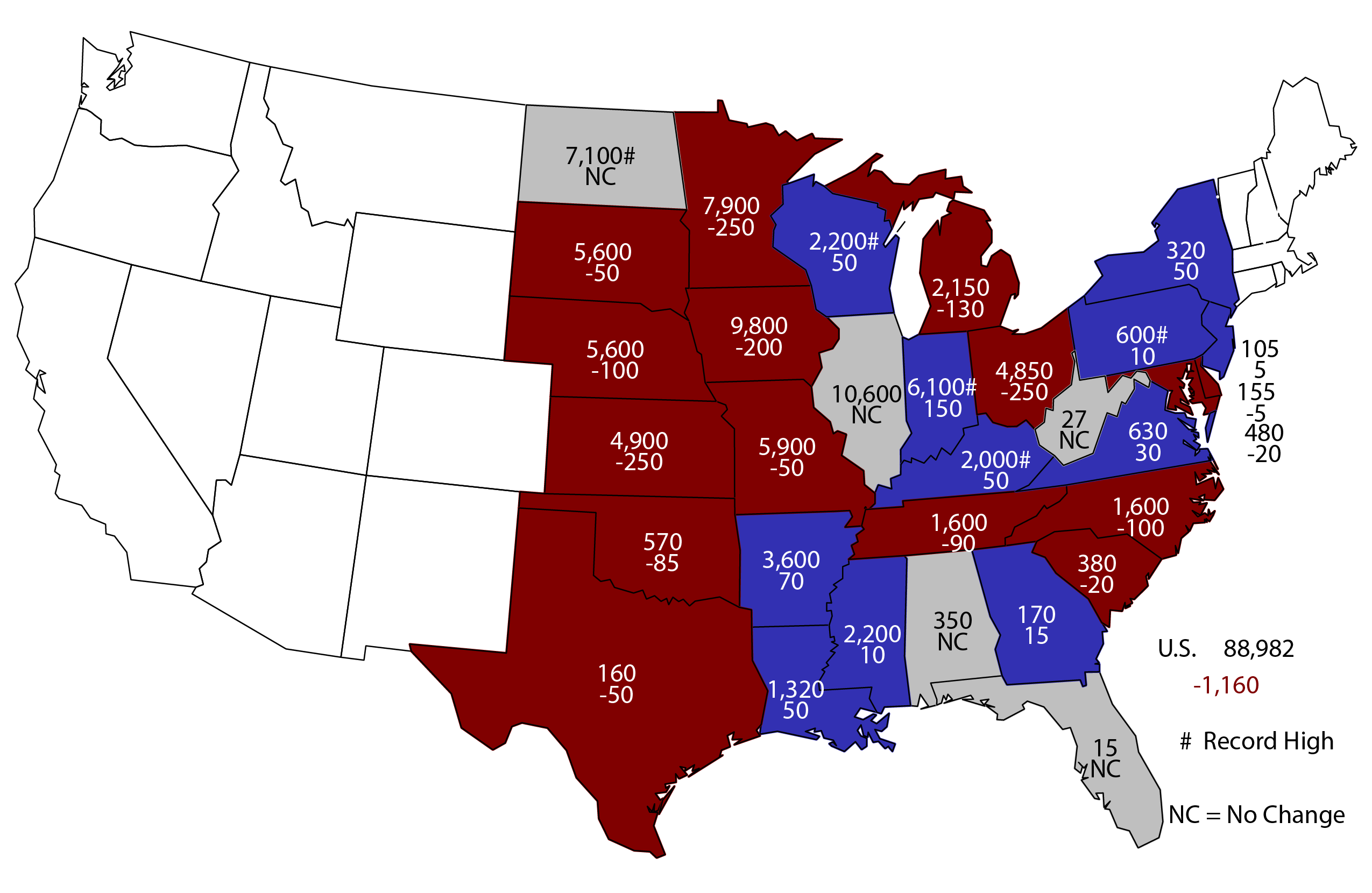 2018 Soybean Planted Area - (000) acrea and change from previous year.